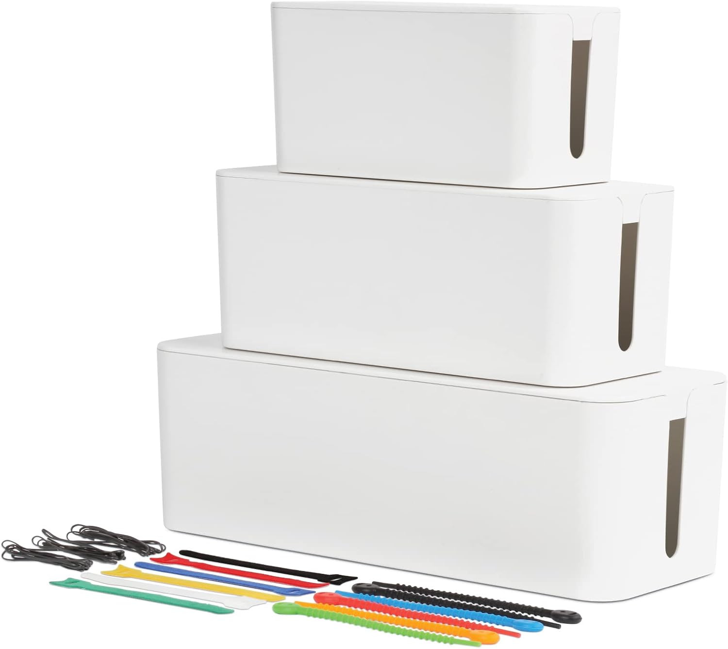 Cable Management Boxes, 3 Pack, Small, Medium, Large, 15 Cable Ties (Hook & Loop