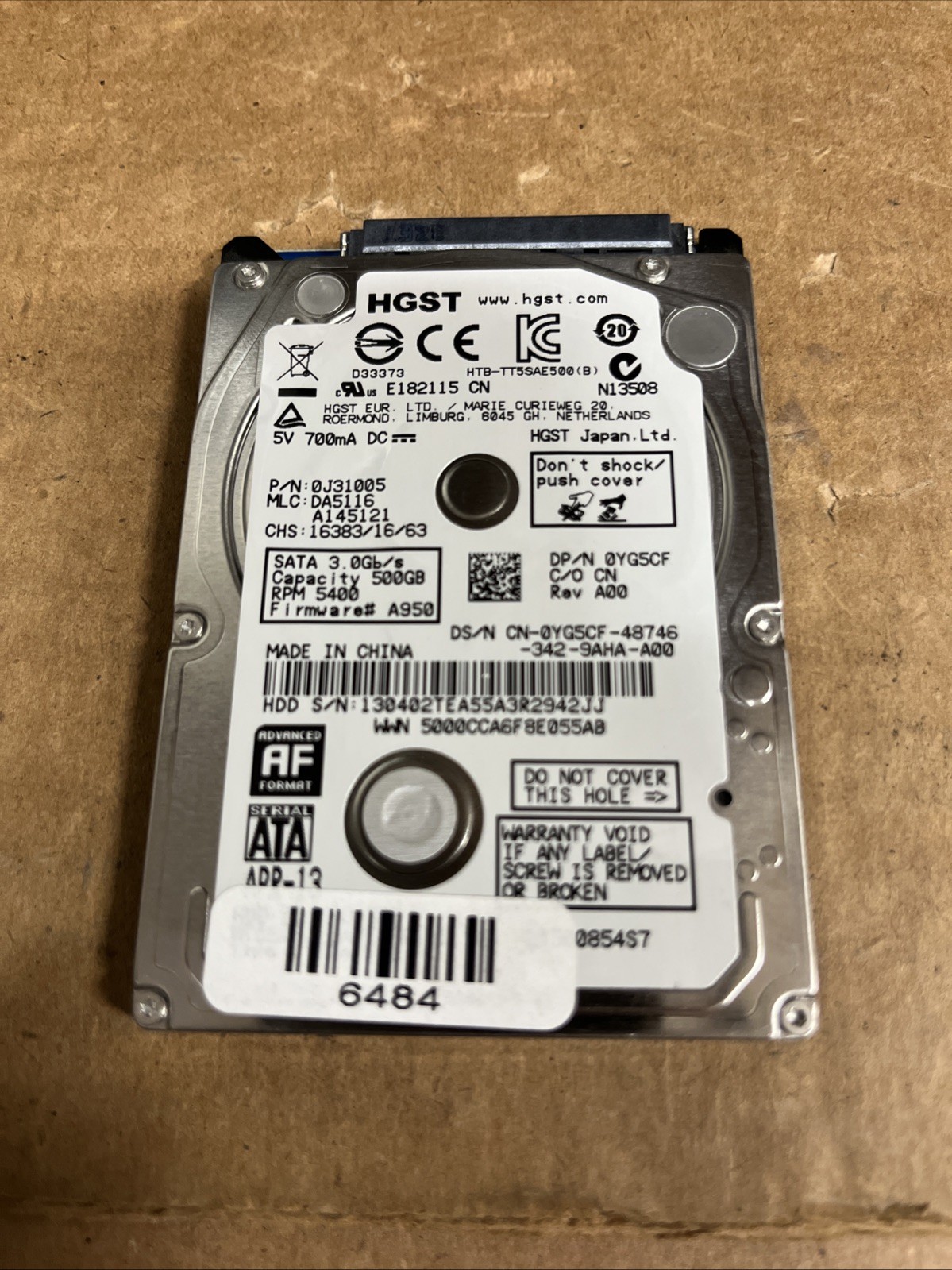 HGST Z5K500-500 HTS545050A7E380 500GB Hard Drive 2.5" 0J31005 0YG5CF FW: A950