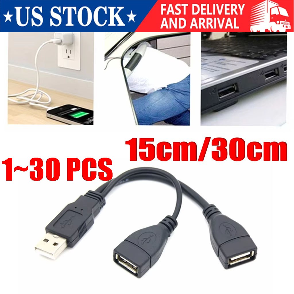 USB 2.0 A Male To 2 Dual USB Female Jack Y Splitter Hub Power Cord Adapter LOT