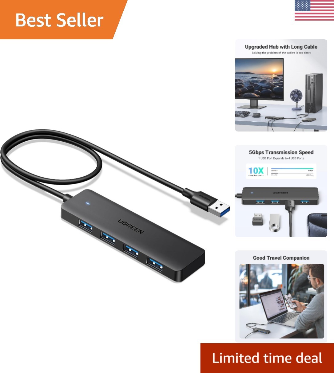 Effortless Connectivity: 4 Port USB 3.0 Hub with 2FT Cable for Multiple Devices
