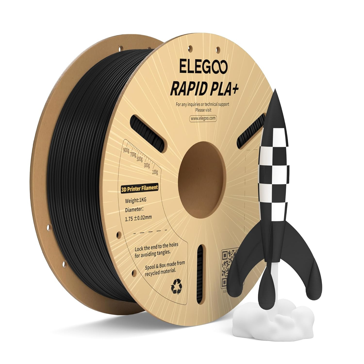 ELEGOO Rapid PLA plus Filament 1.75Mm Black 1KG, PLA+ 3D Printer Filament for 30