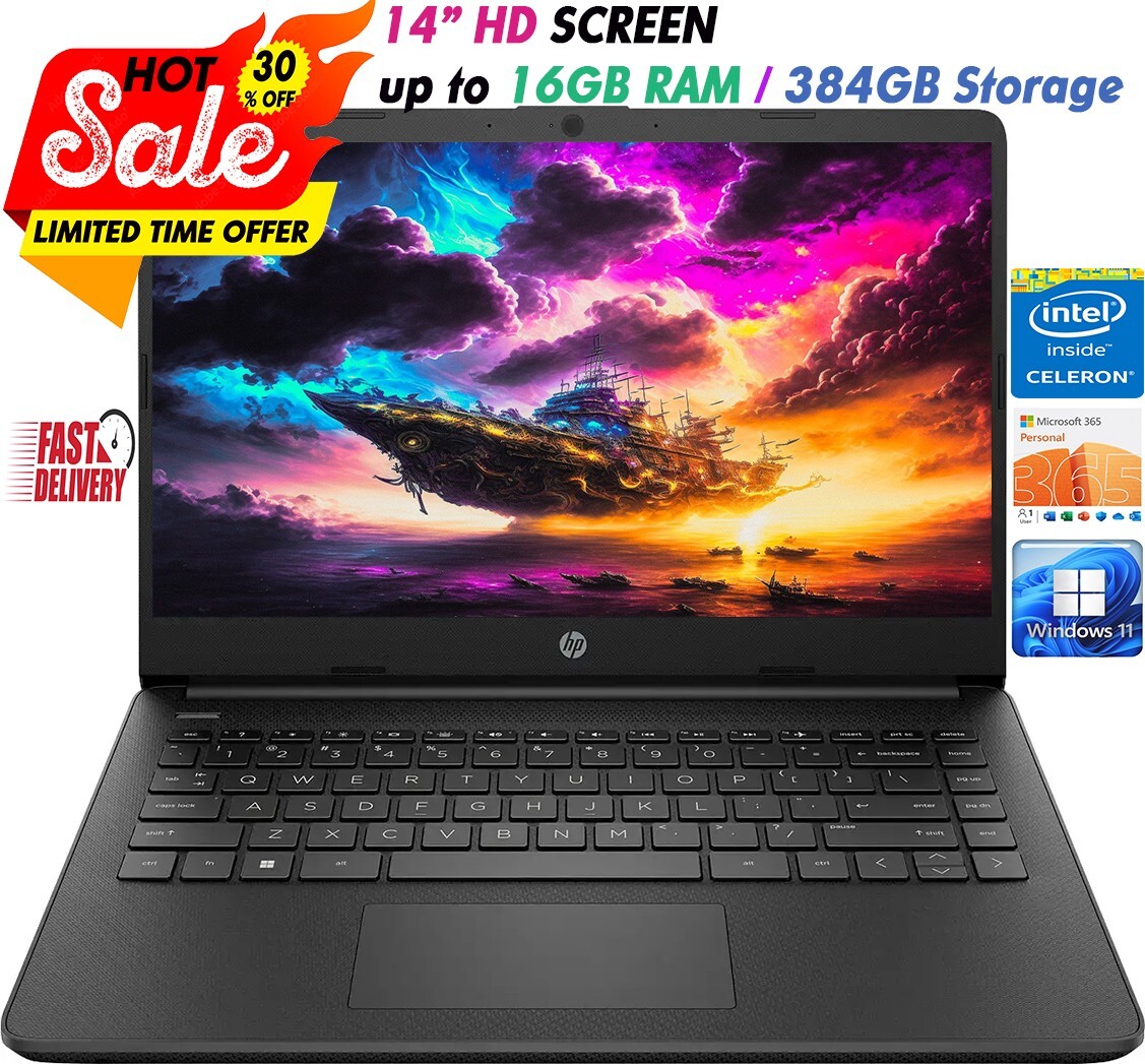 HP Newest Laptop 14"HD Intel 4-Core Up to 16GB RAM & 384GB Storage Win11 Black
