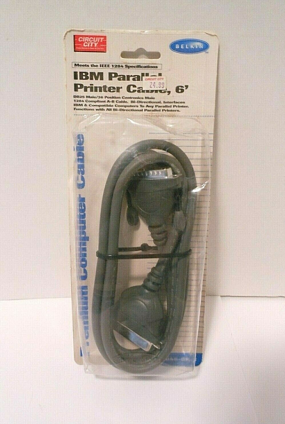 Vtg Belkin IBM Parallel Printer Cable 6ft Circuit City, F2A046-06-C, NOS 1996