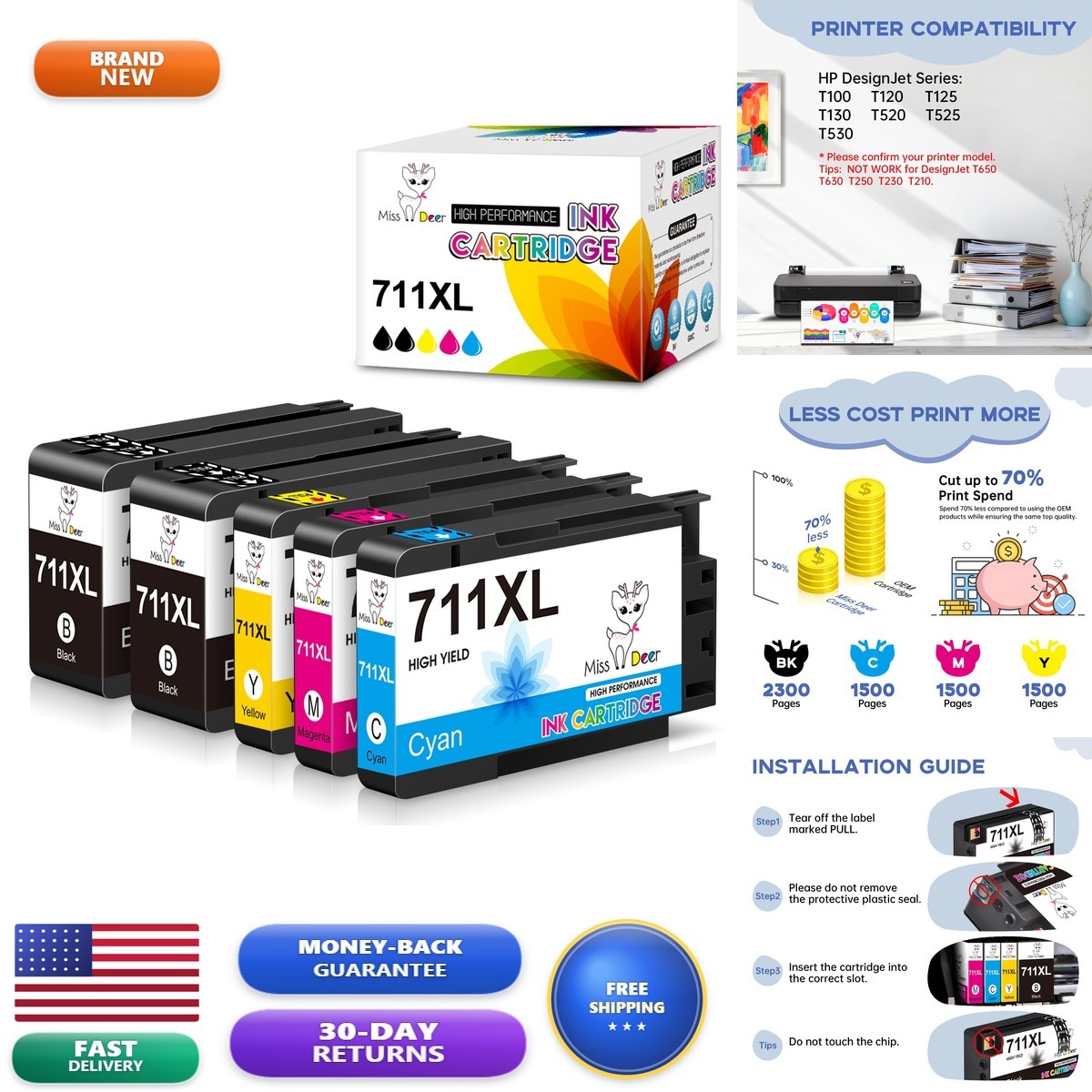 Miss Deer 711XL Ink Cartridges High Yield Combo Pack Hp 711 Ink Cartridge