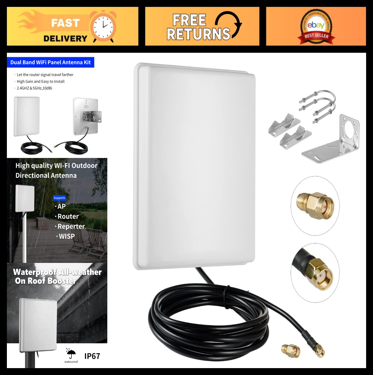 Long-Range 15dBi Dual Band WiFi Antenna 2.4GHz 5GHz with 10Ft Cable for Router &
