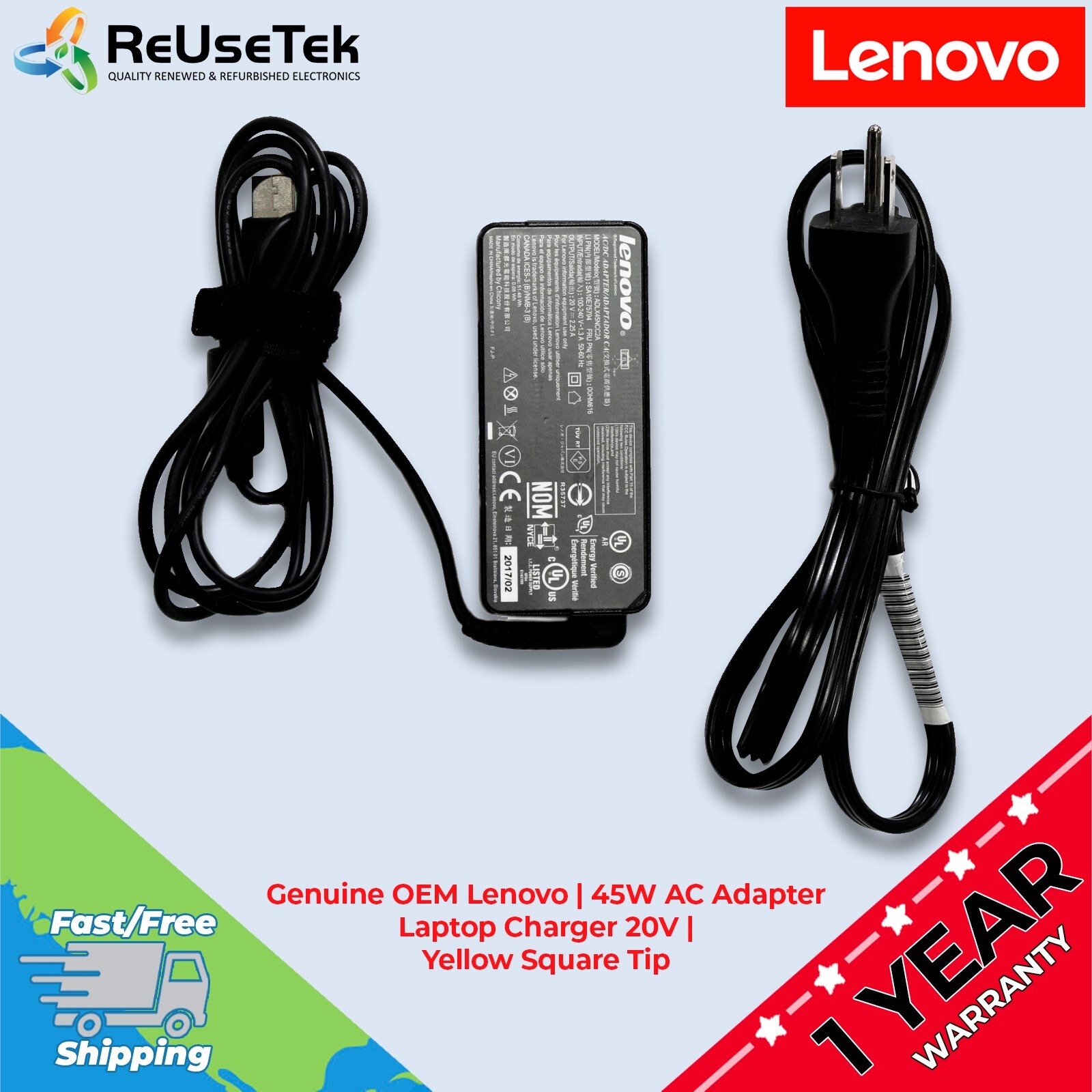 10 Lot Genuine OEM Lenovo | 45W AC Adapter Laptop Charger 20V Yellow Square Tip