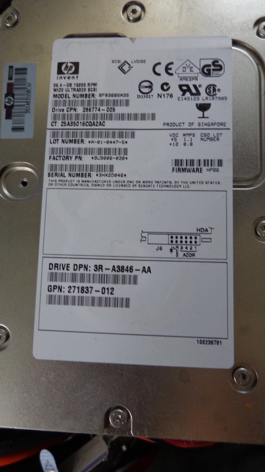 HP 286774-005 36.4GB 15K 80PIN 3.5INCH ULTRA320 SCSI 3R-A3846-AA BF03685A35