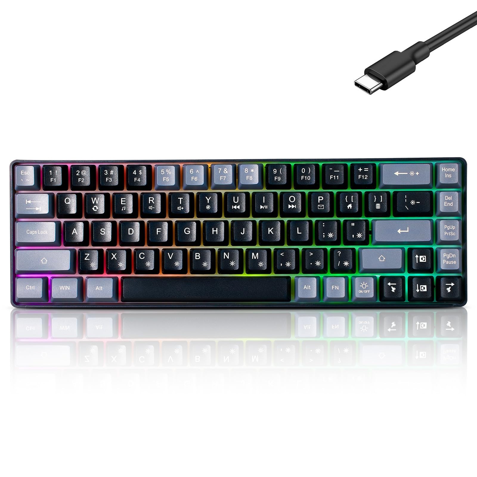 Wired 60 Percent Mechanical Gaming Keyboard RGB LED Backlit Black Grey