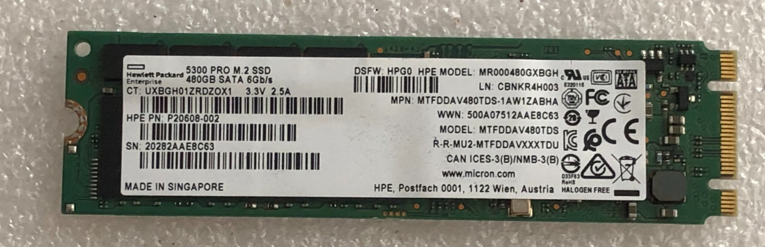 P20608-002 HPE Micron 5300 Pro 480GB M.2 2280 6Gb/sb SATA Solid State Drive SSD