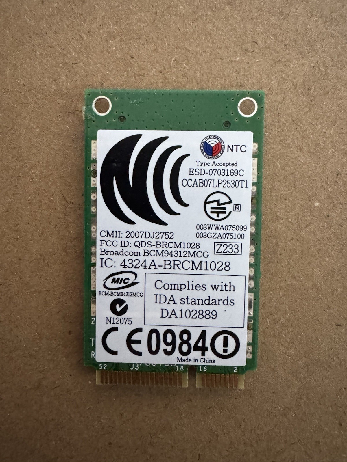Dell Broadcom Wireless Wifi Card DW1395 0WX781 0JR356 BCM94312MCG 