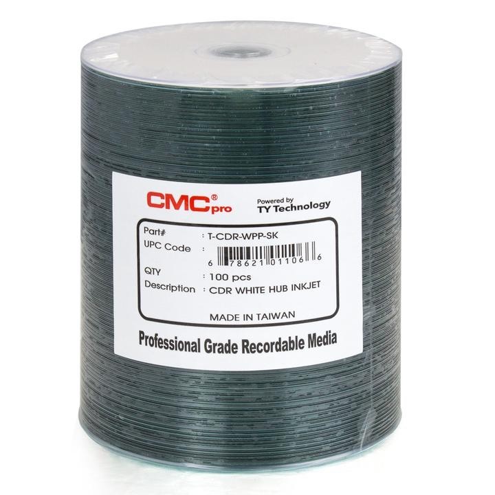 100 CMC Pro Taiyo Yuden (TCDR-WPP-SK) 52X CD-R White Inkjet Hub Printable Media