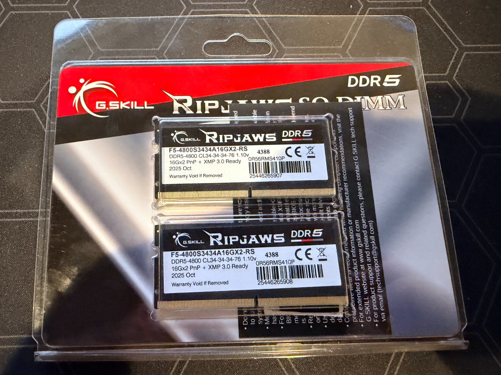 G.SKILL Ripjaws 32GB 2x16GB DDR5-4800 SODIMM CL34 F5-4800S3434A16GX2-RS New Seal