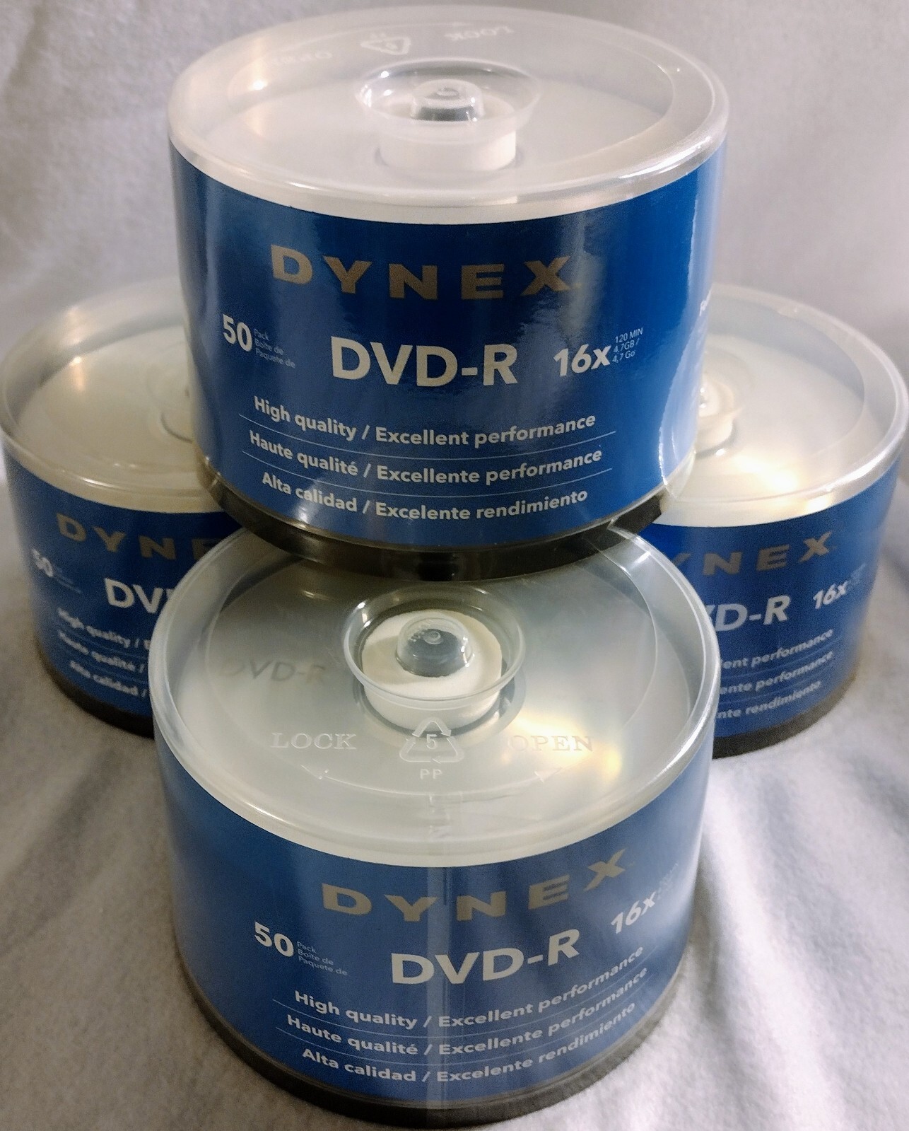 4 spindles of 50 Dynex DVD Recordable Media DVD-R 16x 4.7GB Total of 200 DVD-R 