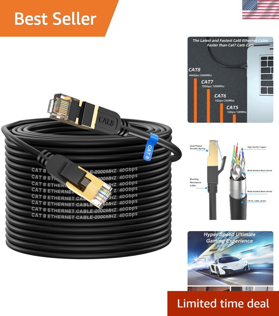 100FT Cat 8 LAN Cable - High Speed 40Gbps, UV Resistant for Outdoor & Indoor Use