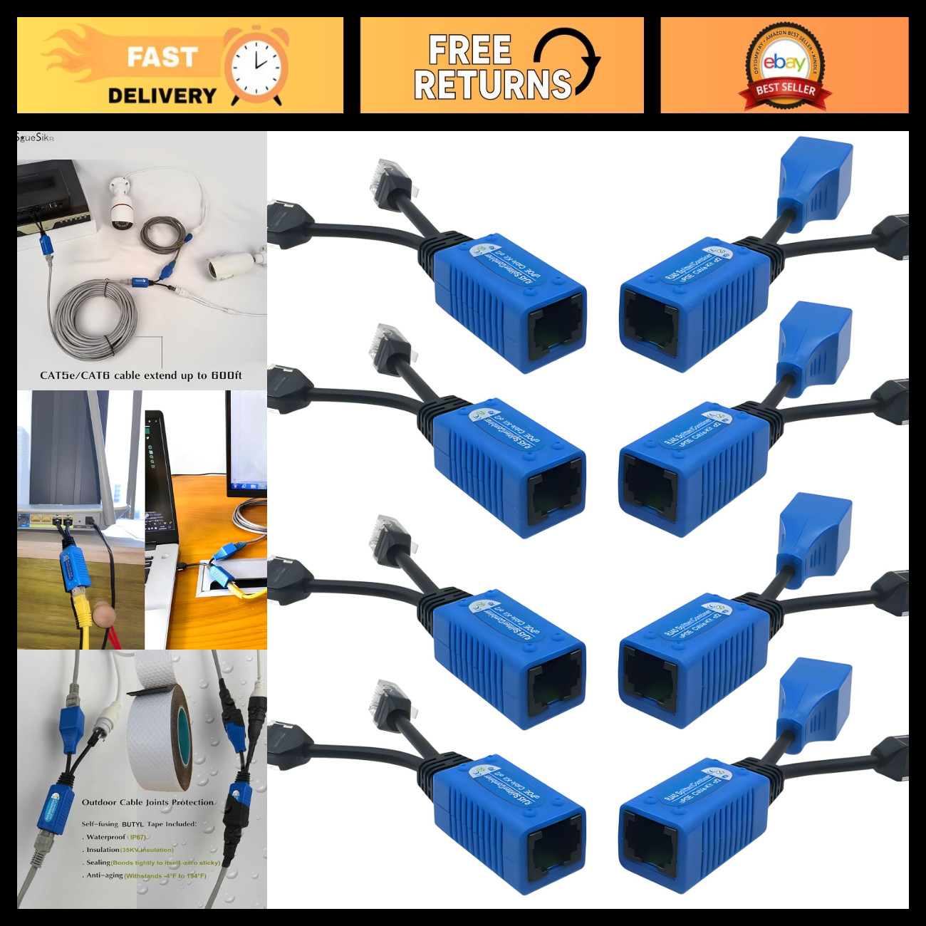 4 Pair PoE Ethernet Splitter Kits - Waterproof RJ45 Cable Sharing, Network Adapt