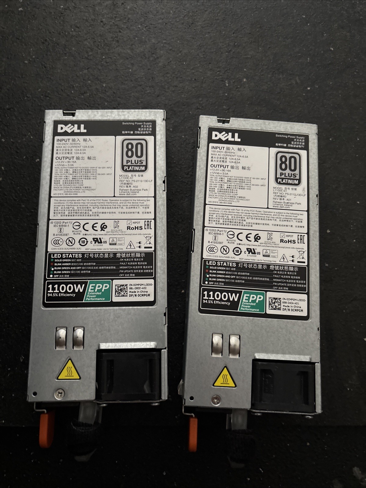 LOT QTY 2 Dell CMPGM Lite-On L1100E-S1 1100W 80+ Platinum Switching Power Supply