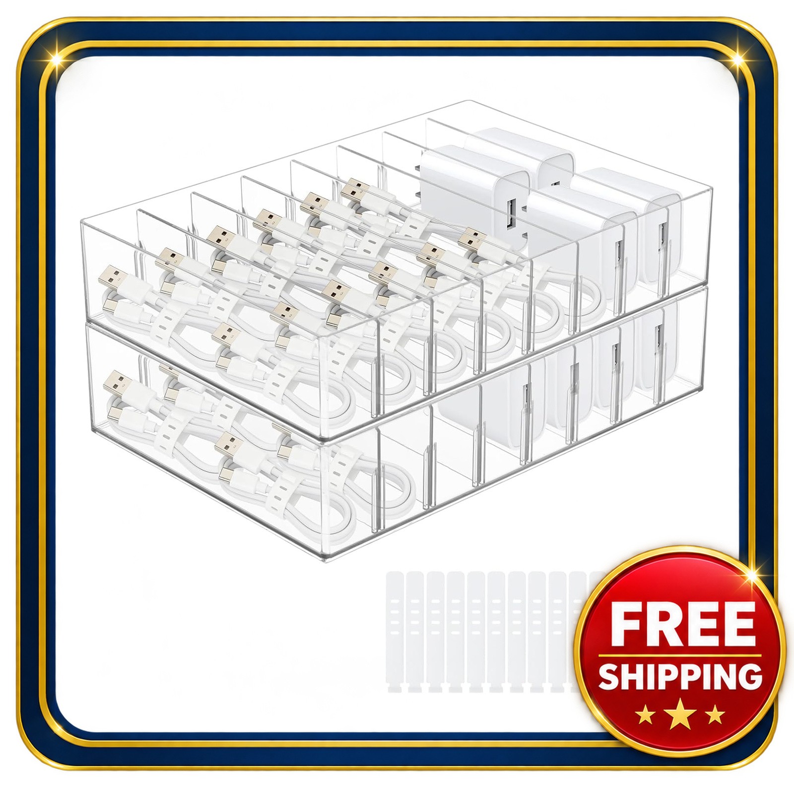 Cable Organizer Box with 16 Silicone Wire Ties Large Plastic Storage
