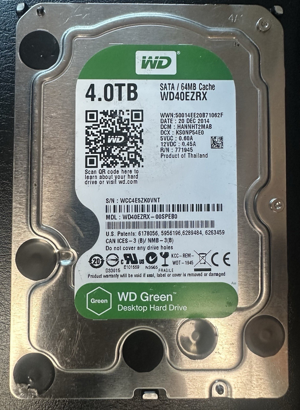 WD40EZRX-00SPEB0 S/N: WCC4E HGRNNTJMGB WESTERN DIGITAL 4TB THAILAND DEC 2014