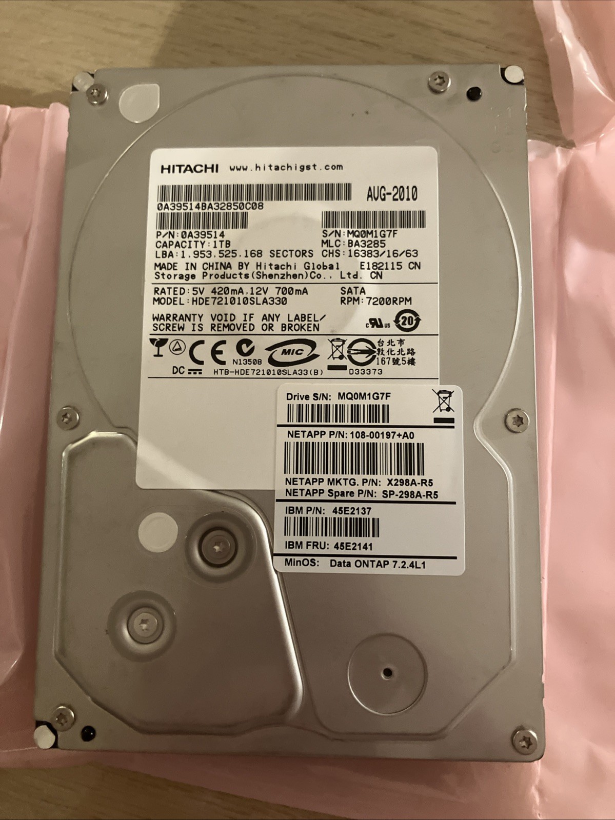 NetApp X298A-R5 1TB 7.2 SATA Hard Drive IBM 45E2141 45E2137 Hitachi 0A39514 7200