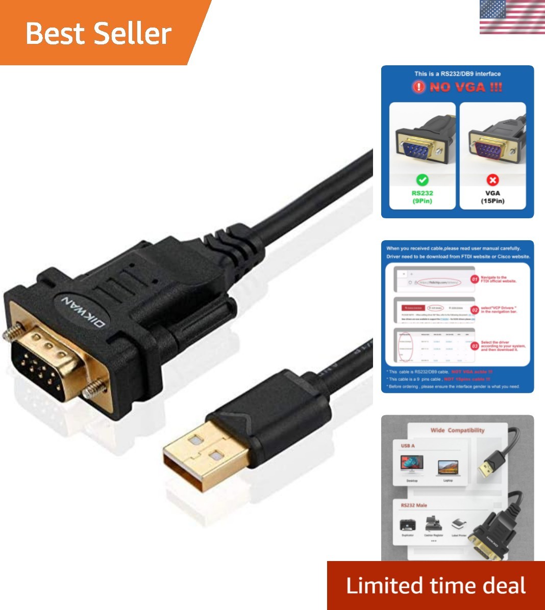 USB to RS232 DB9 Serial Adapter - FTDI Chip, 6ft USB 2.0 Cable for Windows & Mac