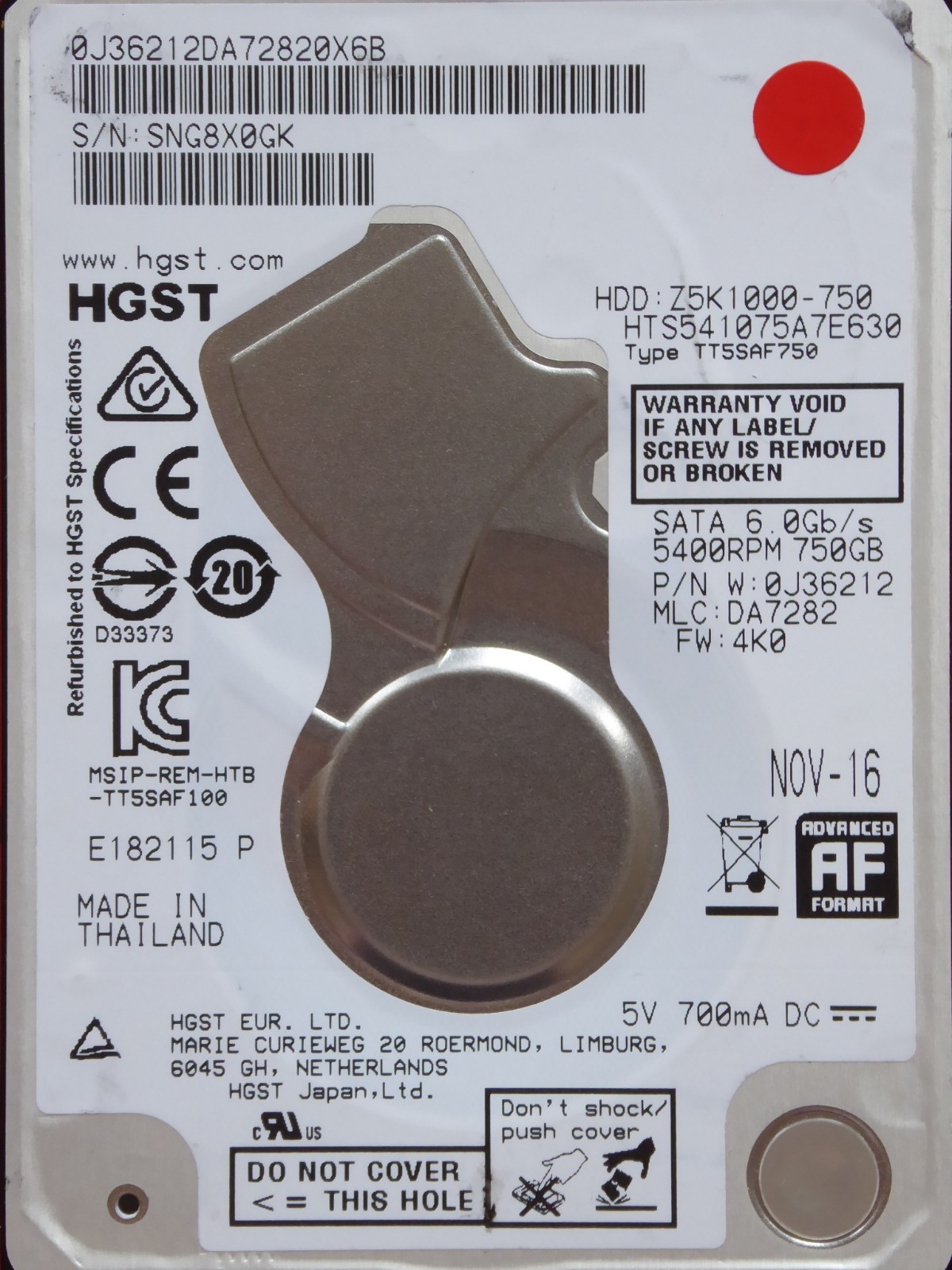 HGST HTS541075A7E630 | MLC: DA7282 | P/N: 0J36212 | NOV 2016 | 750GB #03