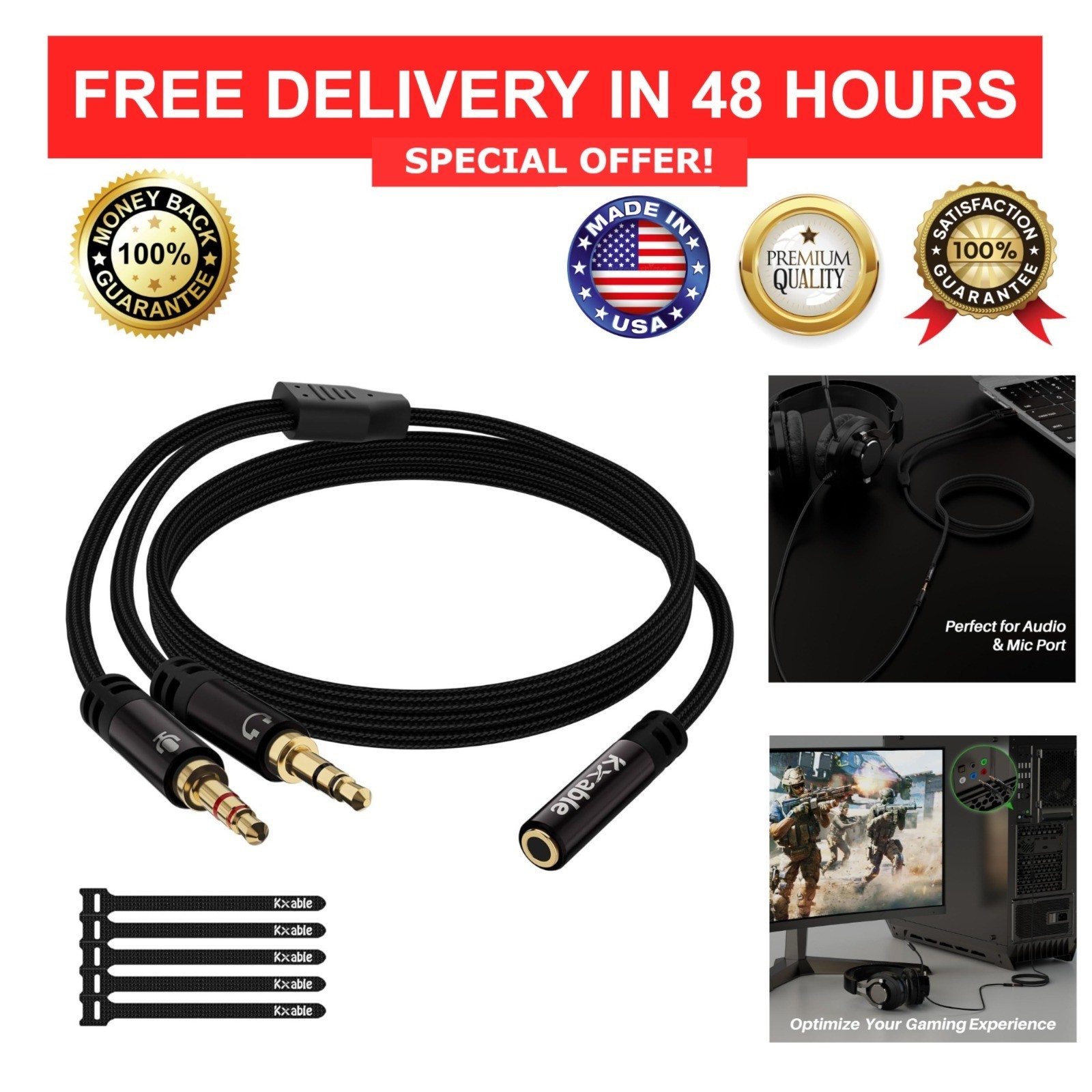 3.5mm Headphone Splitter Cable 3FT, 2-in-1 Audio Y Adapter for PC Laptop, CTIA