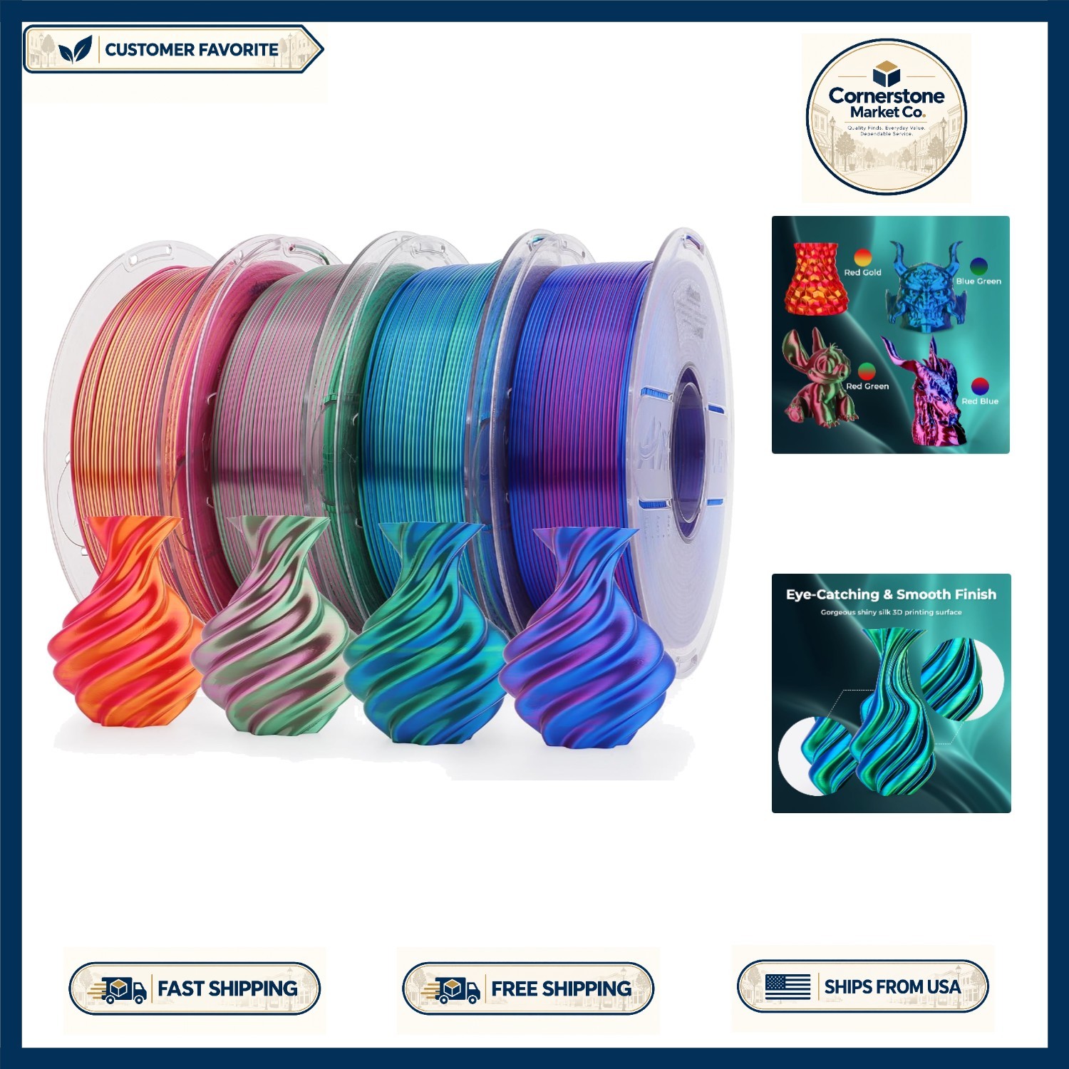 High-Precision Silk PLA Filament Set - 4 Spools of Colorful 1.75mm Excellence