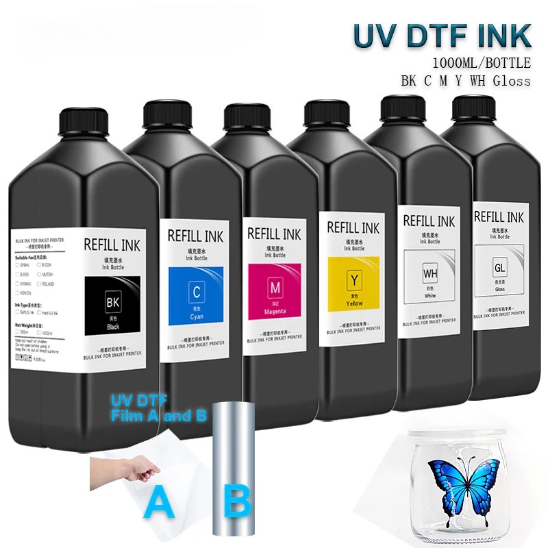 6x1000ML UV DTF Ink and Varnish for Film AB for Epson XP600 1390 L1800 Prenter