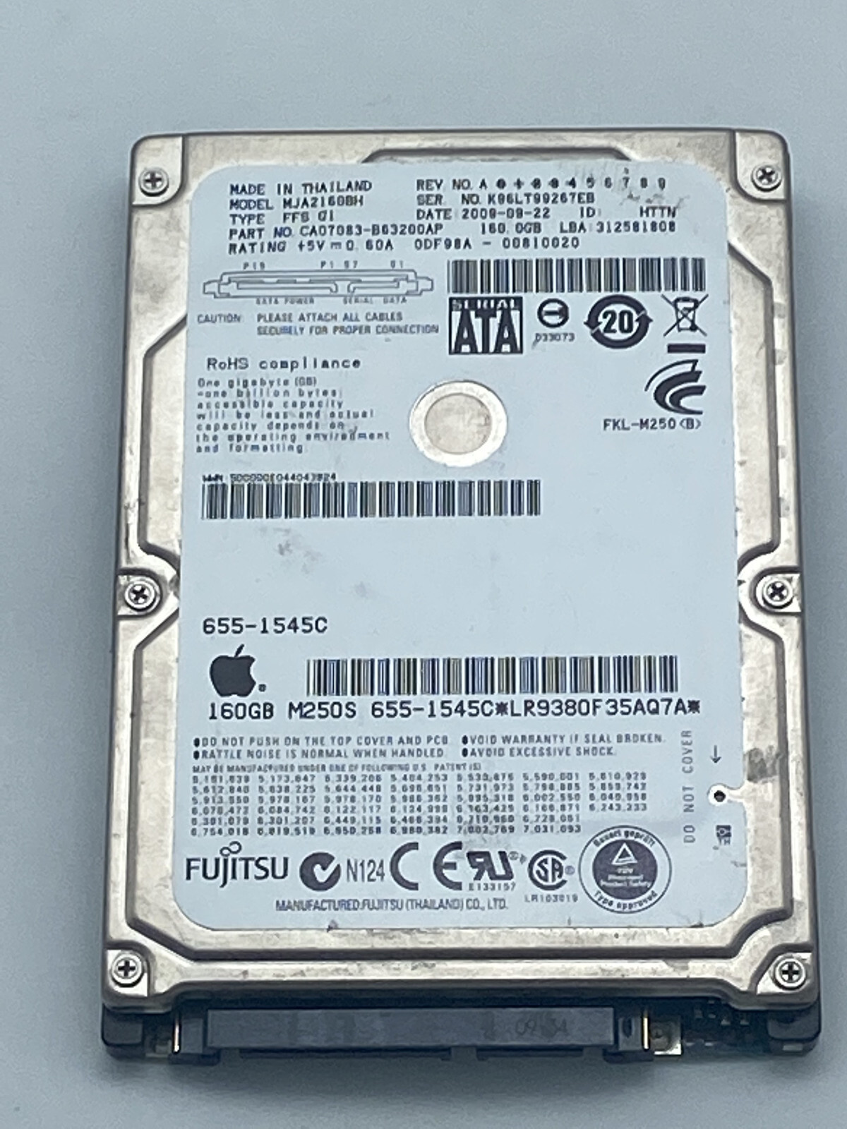 Fujitsu Apple MJA2160BH HDD 160Gb PN-CA07083-B63200AP ID HTTN Tested SATA HDD