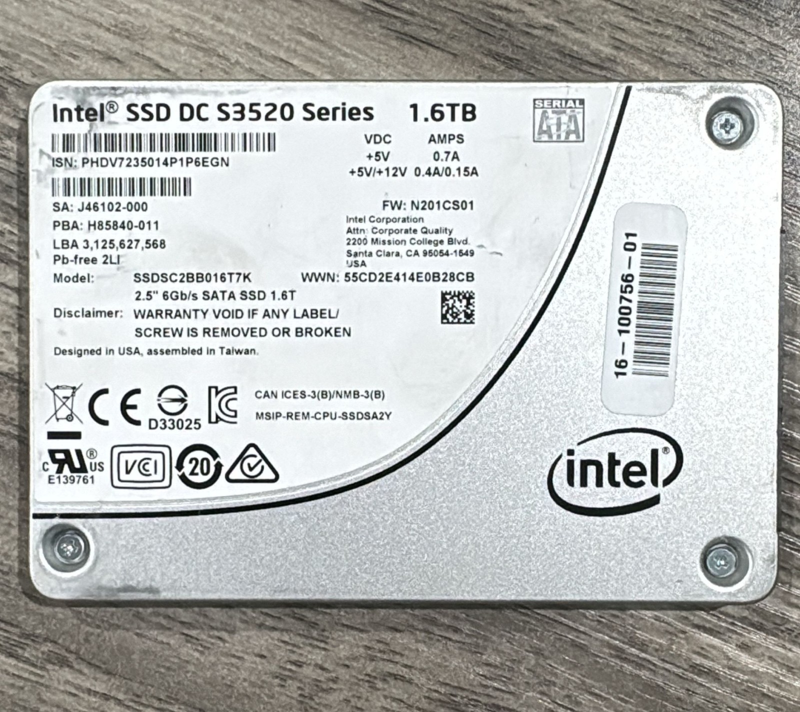 Intel SSD DC S3520 Series 1.6TB 2.5" SATA 6Gb/s SSDSC2BB016T7K