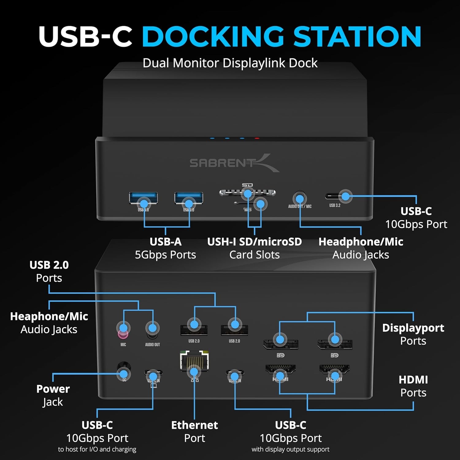 Black - SABRENT USB-C Universal Laptop Docking Station, Dual Monitor Displaylink