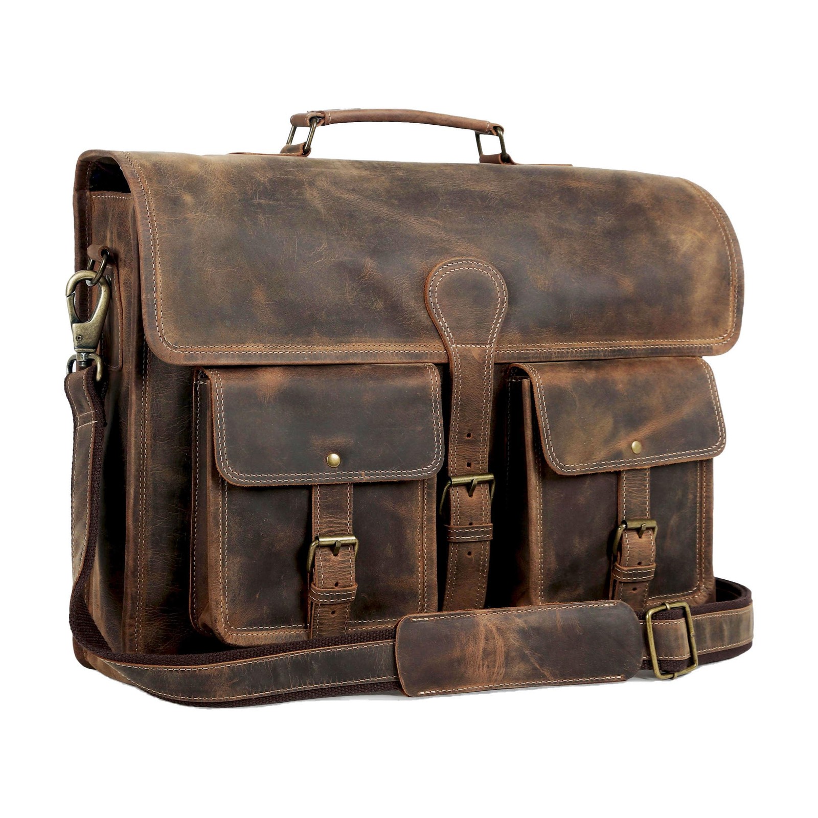 18 inch Leather Briefcase Laptop Messenger Bag for Men & Women Brown