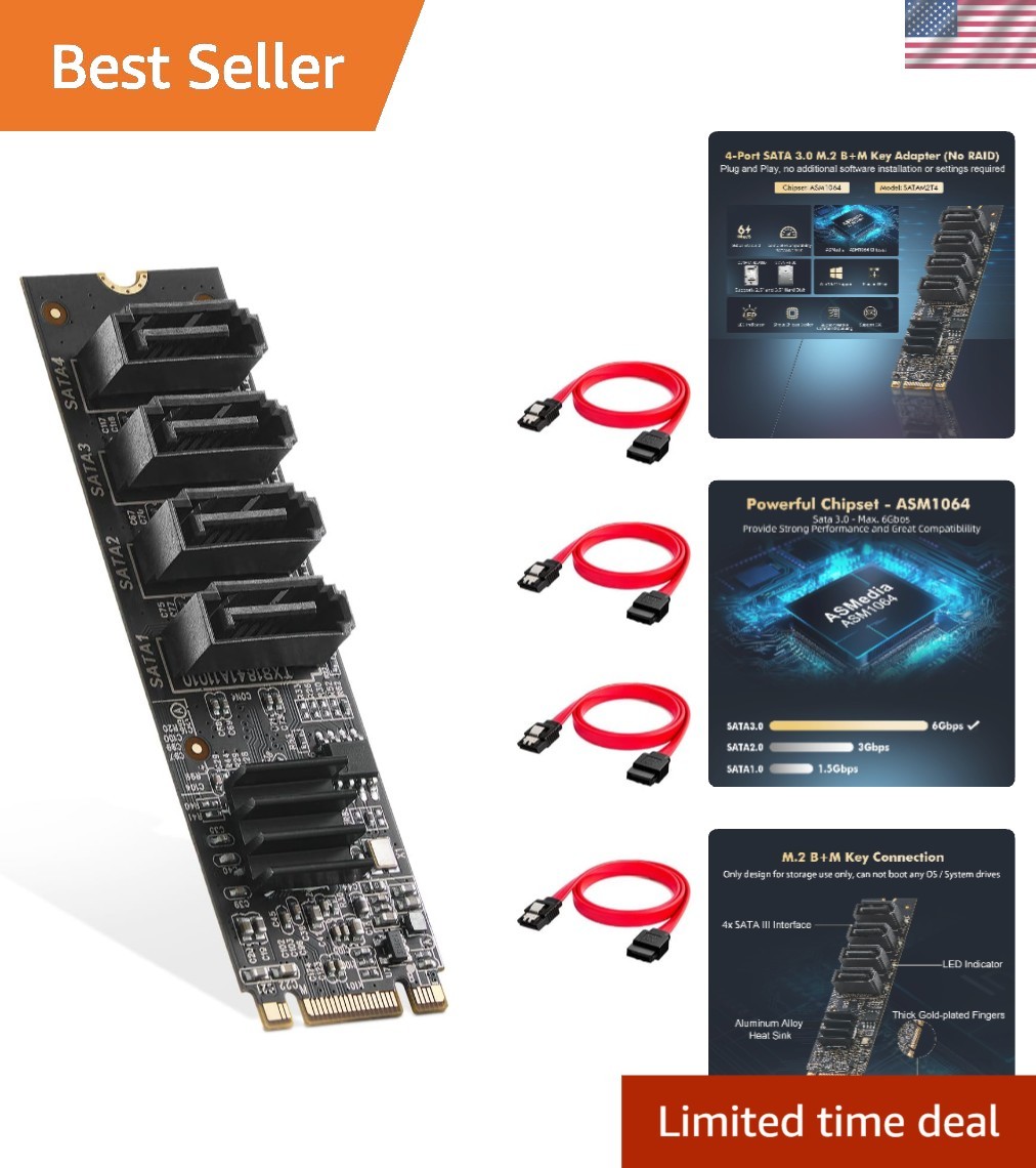 Complete M.2 to SATA Card with 4 Ports, Cables, and LED Indicator for Windows