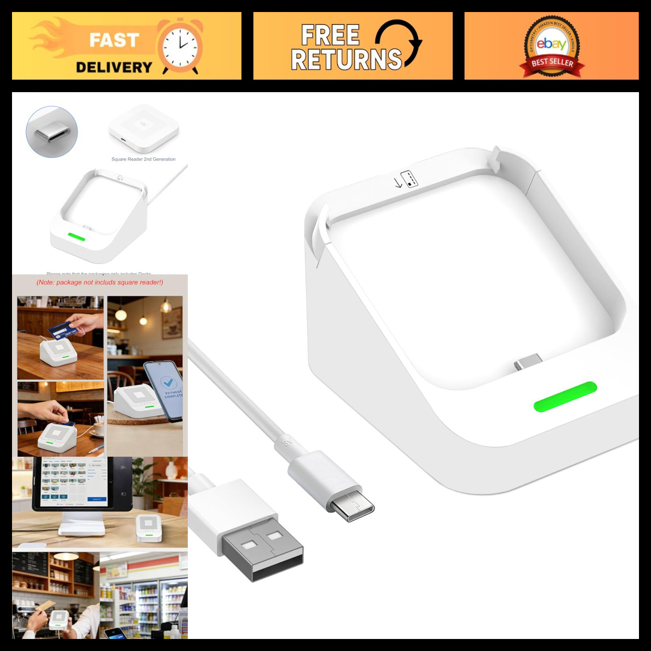 Compact Dock for Square Reader 2nd Gen - USB-C Stand with Anti-Slip Button, Cabl