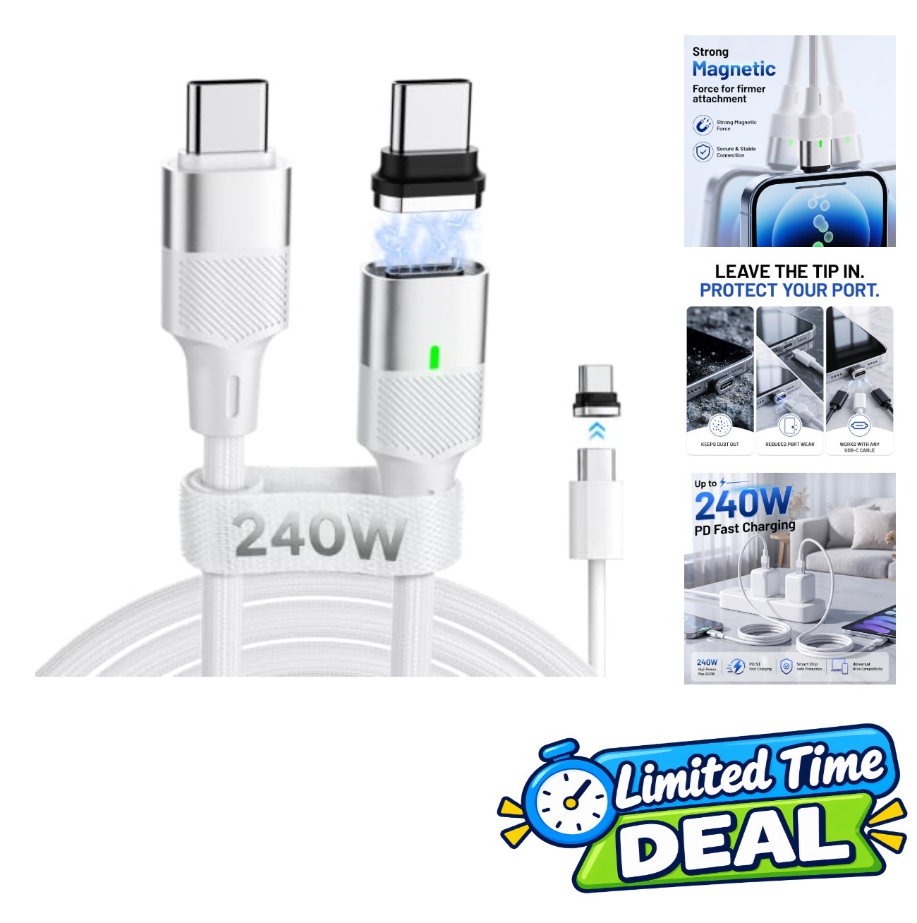Magnetic USB-C to USB-C Cable 240W 40Gbps 8K Video 6 FT Detachable Tips Fast