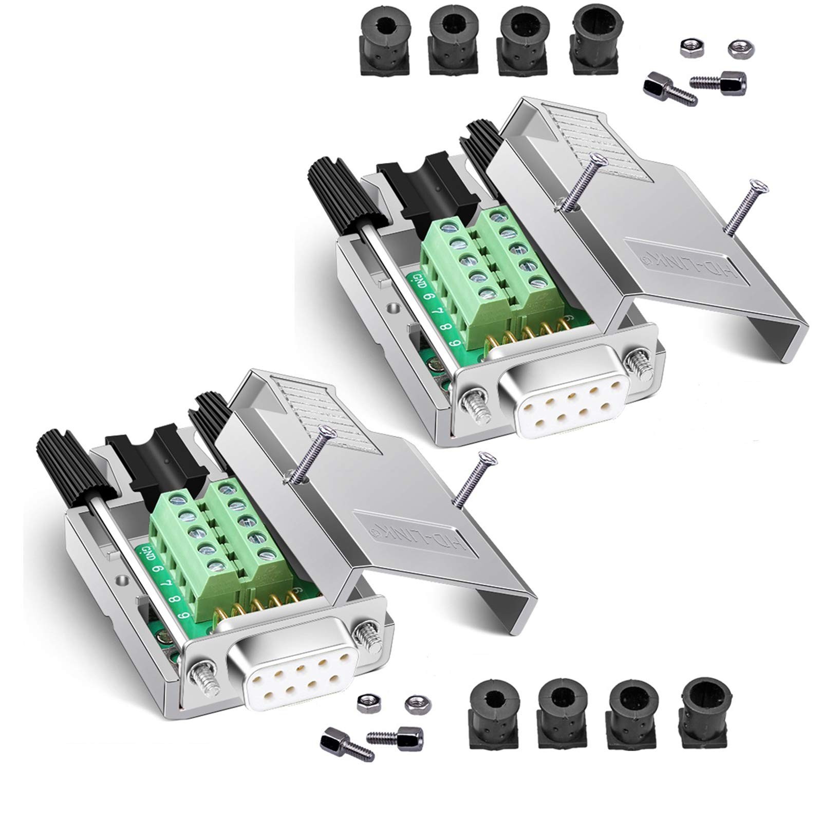 2PCS DB9 Breakout Connector Solderless Metal Shell RS232 DSUB Serial 9Pin
