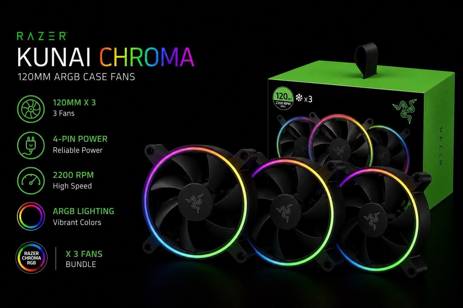 🔥 Razer Kunai Chroma 120mm ARGB Case Fan （3 fans）| US Seller | SALE 🔥