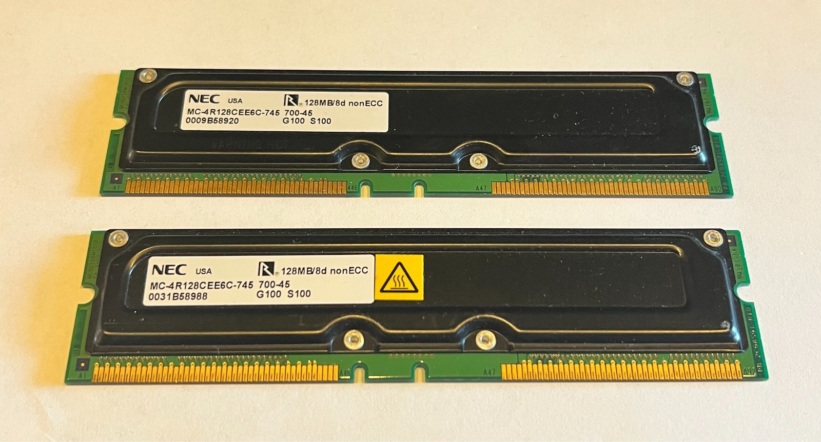 PRICE REDUCED QTY 2 - 128 MB NEC RDRAM PC700 Non-ECC RIMM NEC MC-4R128CEE6C-745