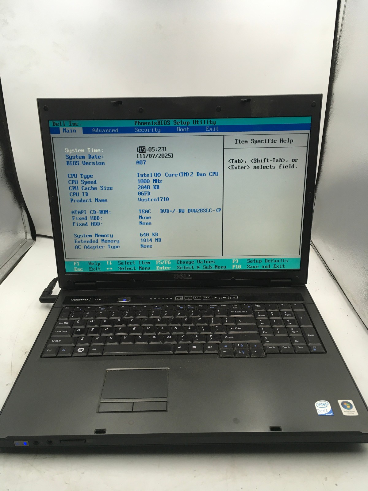 DELL VOSTRO 1710 - BOOTS TO BIOS - INTEL CORE 2 DUO - 2GB RAM - 17" - READ - BB