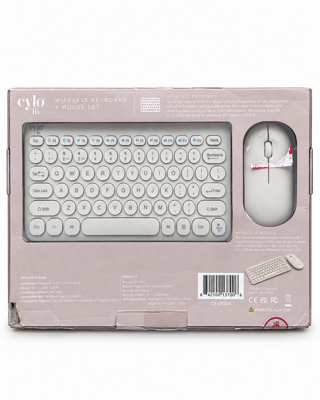 Cylo Liv Wireless Bluetooth Keyboard & Mouse Set White CY-01204