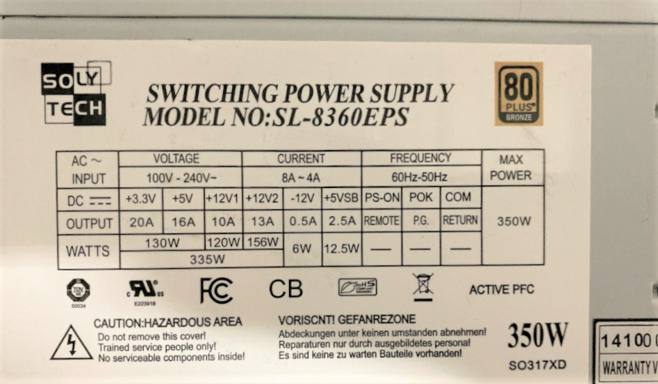 Lot Of 5 Soly Tech 350W Switching ATX Power Supply SL-8360EPS 80 Plus Bronze