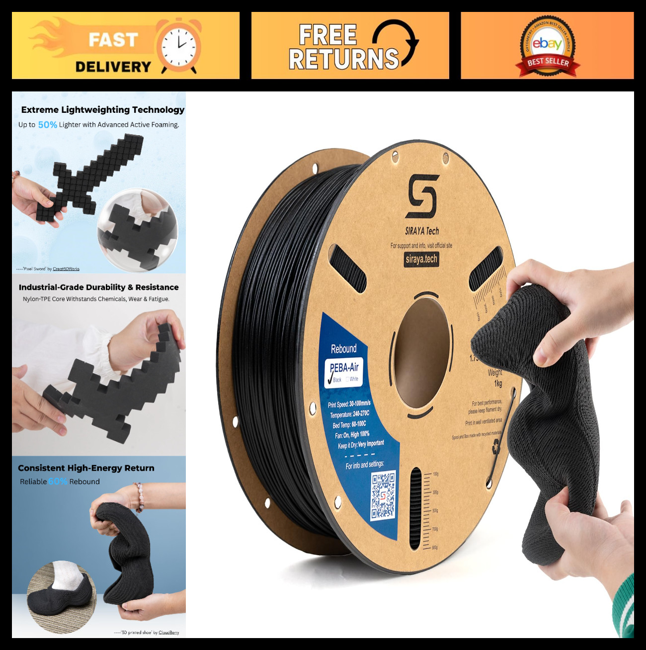 3D Printing Filament - PEBA Air Active Foaming, Black, 800g for Flexible Designs