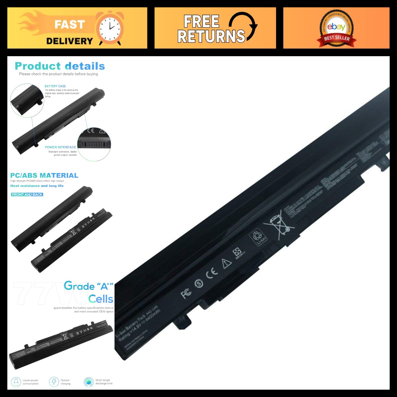 High-Capacity 5200mAh Laptop Battery for Asus U56 U46 Series - A32-U46, A42-U46
