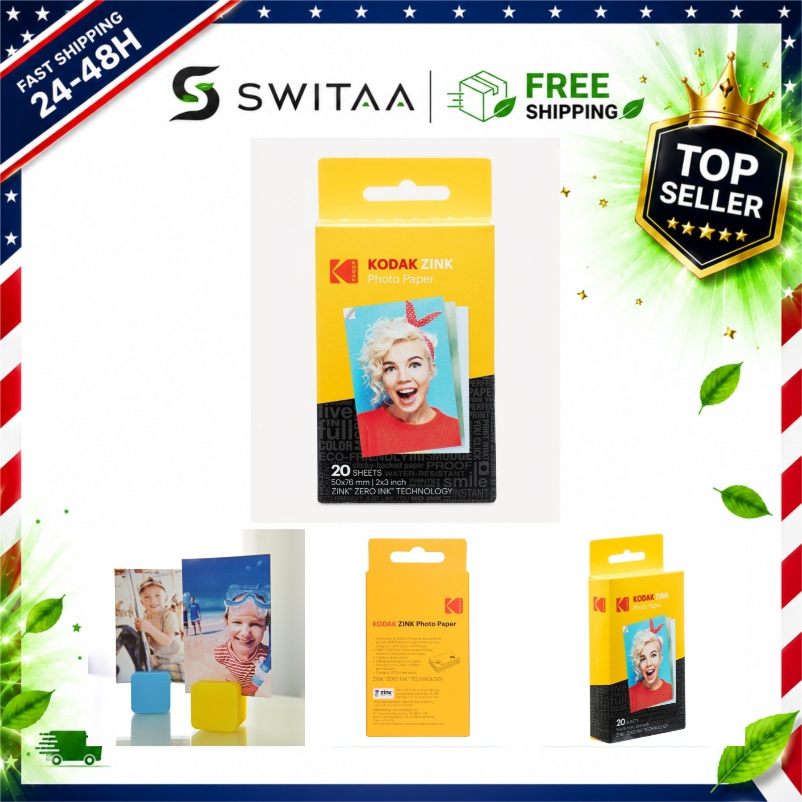 KODAK 2x3 ZINK Photo Paper 20 Sheets Sticky-Backed Premium for Step,