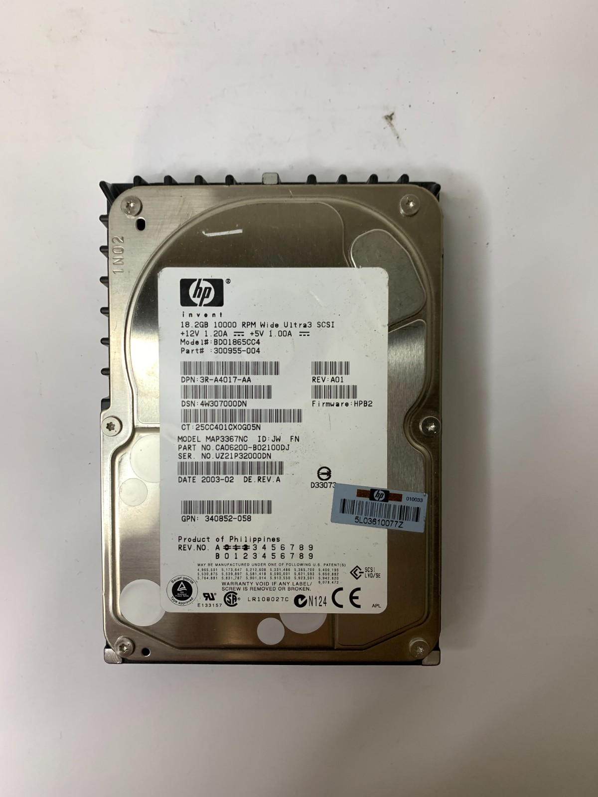 HP 18.2GB Ultra-160 SCSI HDD SCA 80-Pin 10K 3.5" BD01865CC4 300955-004 MAP3367NC