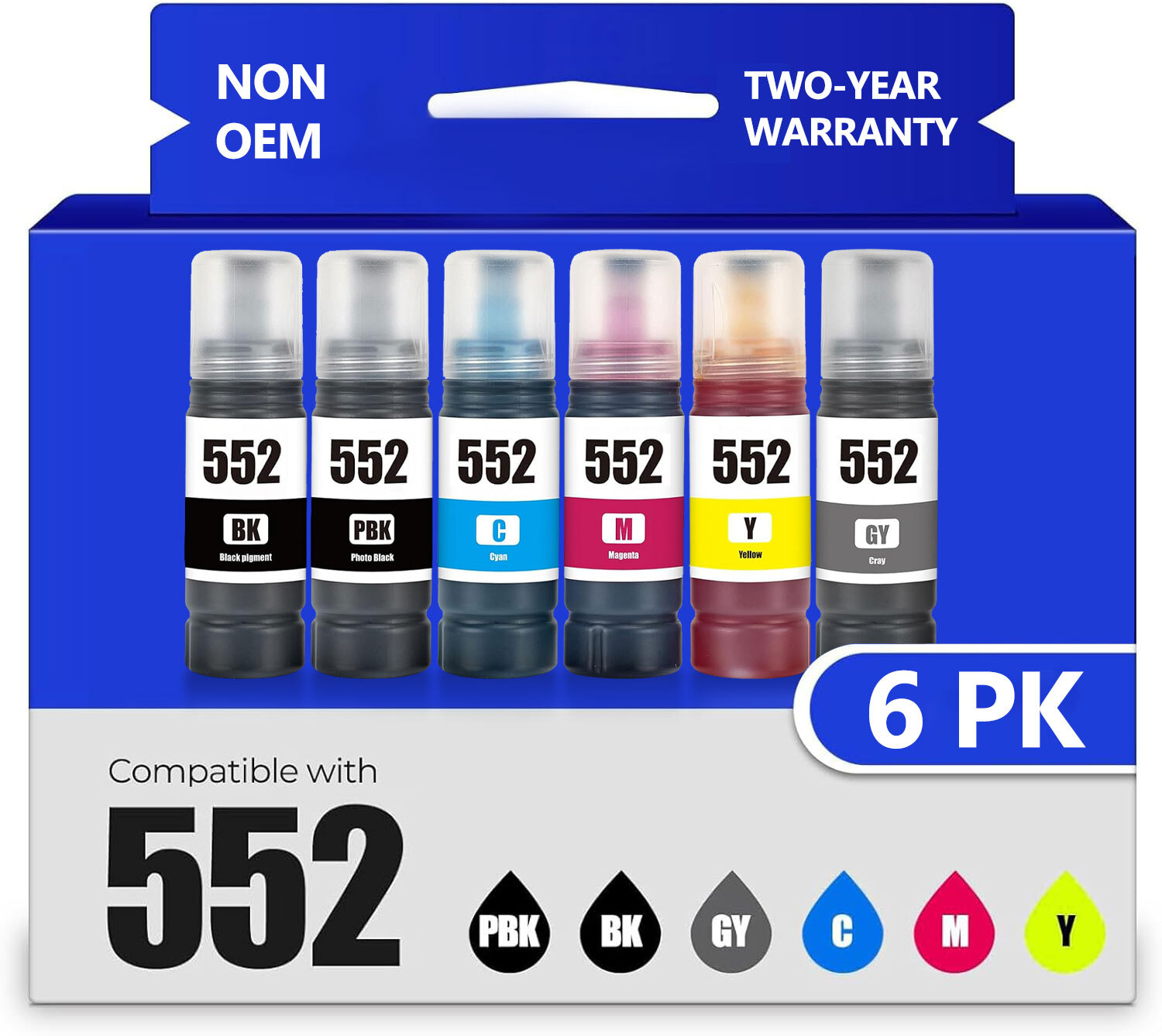 6 Pack T552 552 Ink Bottles Compatible for Epson EcoTank ET-8500 ET-8550