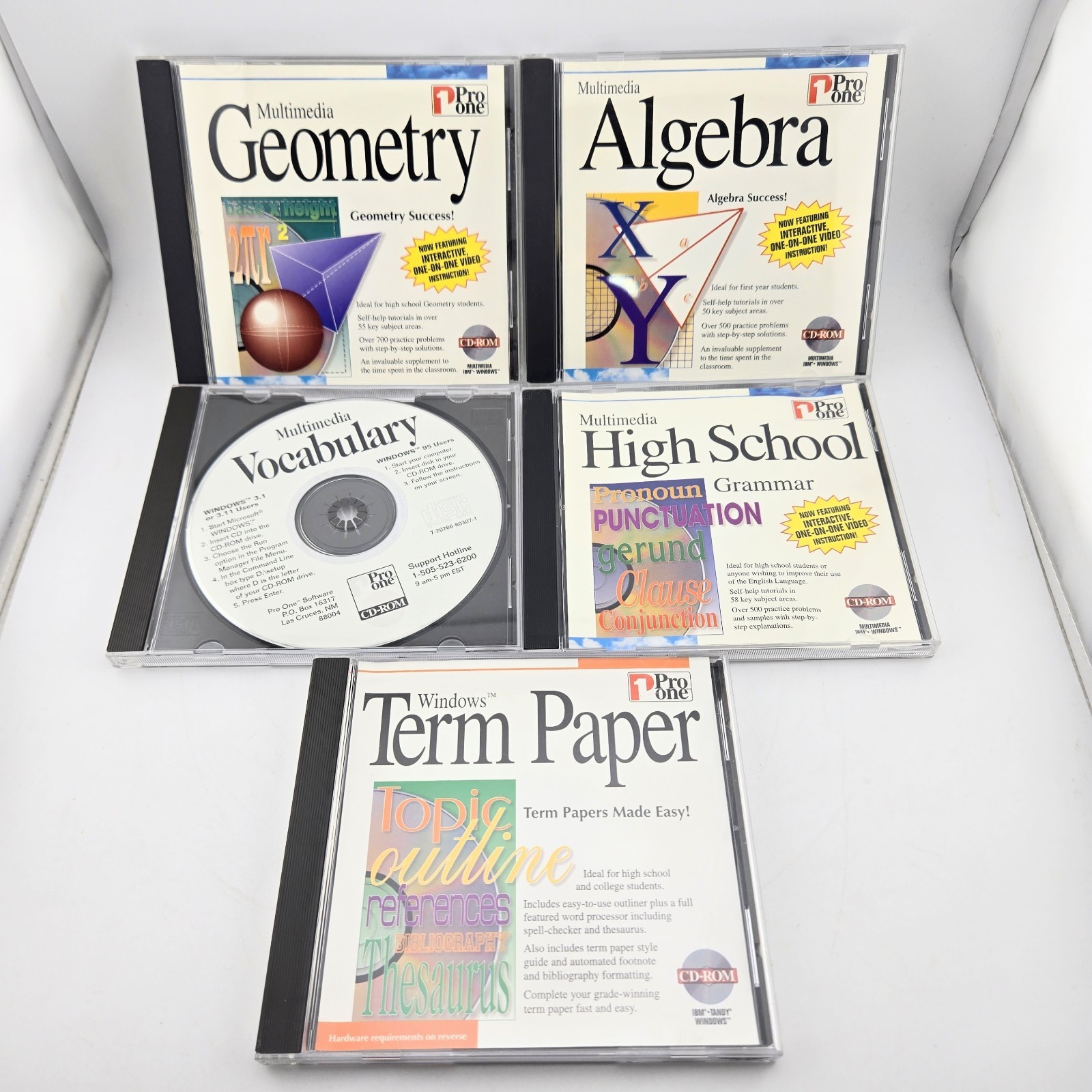 ​Pro One Educational Software Lot of 5 CD-ROM Vtg 1990s Math Vocabulary Grammar 