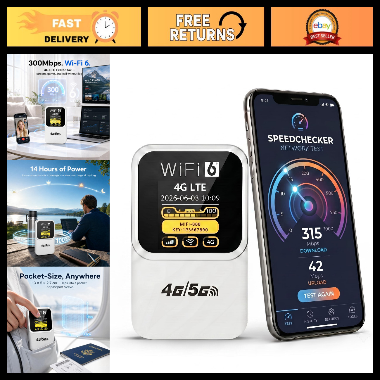 Unlocked 4G LTE Portable WiFi Hotspot Router, 300Mbps, 15 Devices, 3000mAh Batte