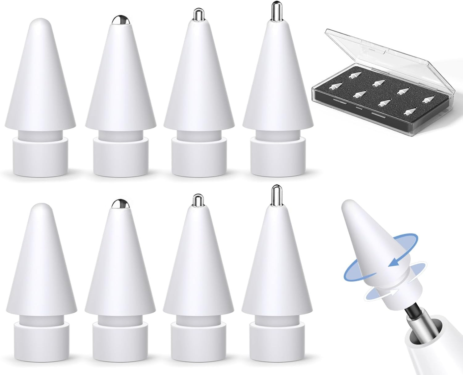 8-Pack Premium Metal Replacement Tips for Apple Pencil White High-Precision Nibs