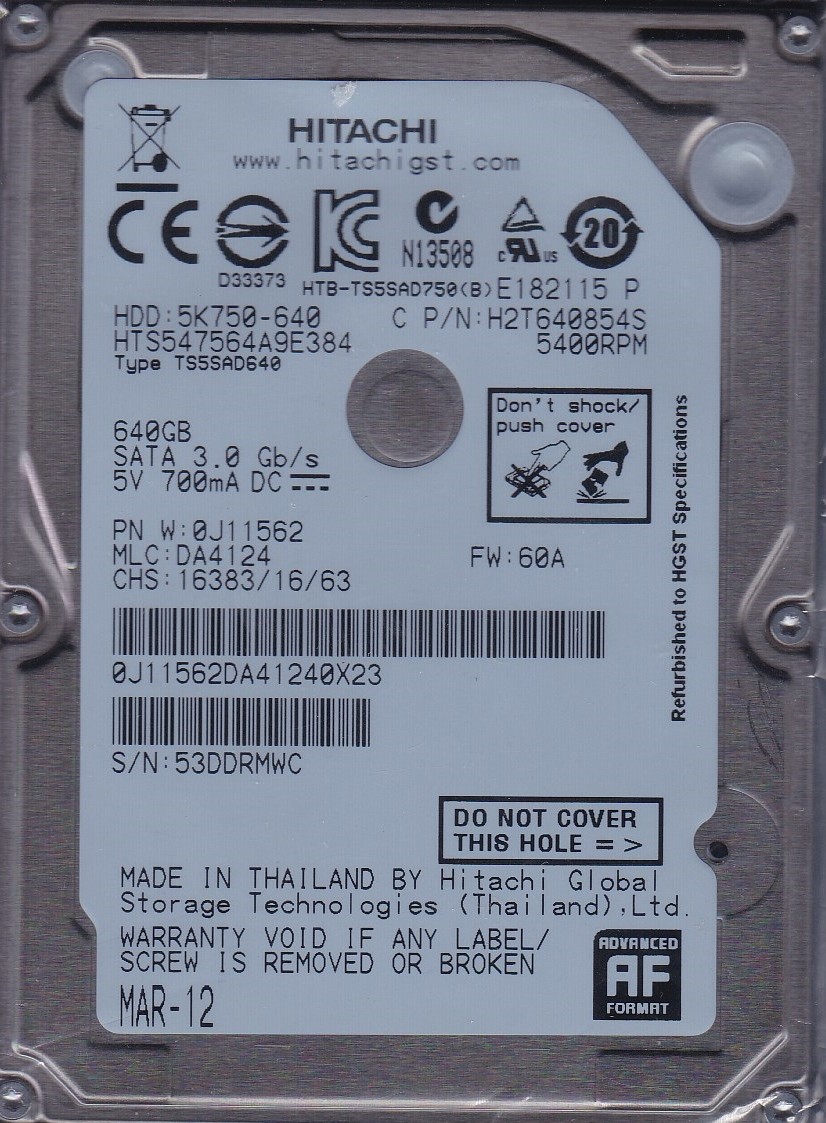HTS547564A9E384  MLC: DA4124  p/n: 0J11562 Hitachi  640Gb SATA B24-1